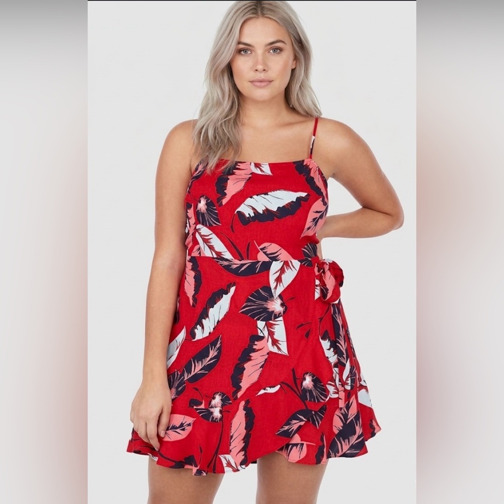 Express Red Tropical Print Spaghetti Strap Dress